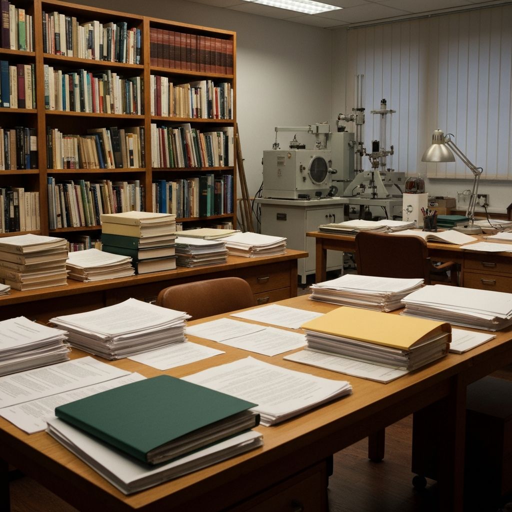 Professioneller Forschungsarbeitsplatz mit wissenschaftlichen Materialien und Dokumentation