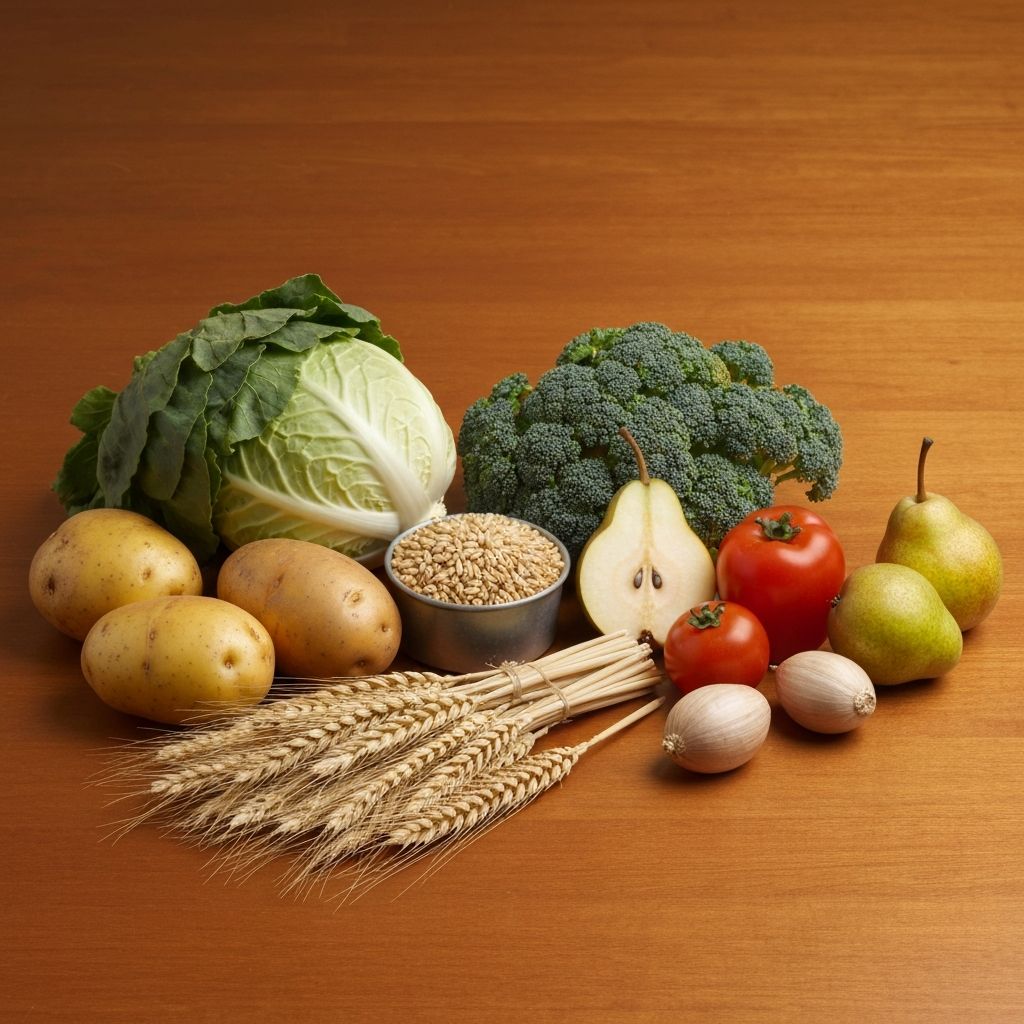 Kohlenhydratquellen wie Vollkorngetreide, Gemüse und Früchte in naturalistischer Darstellung