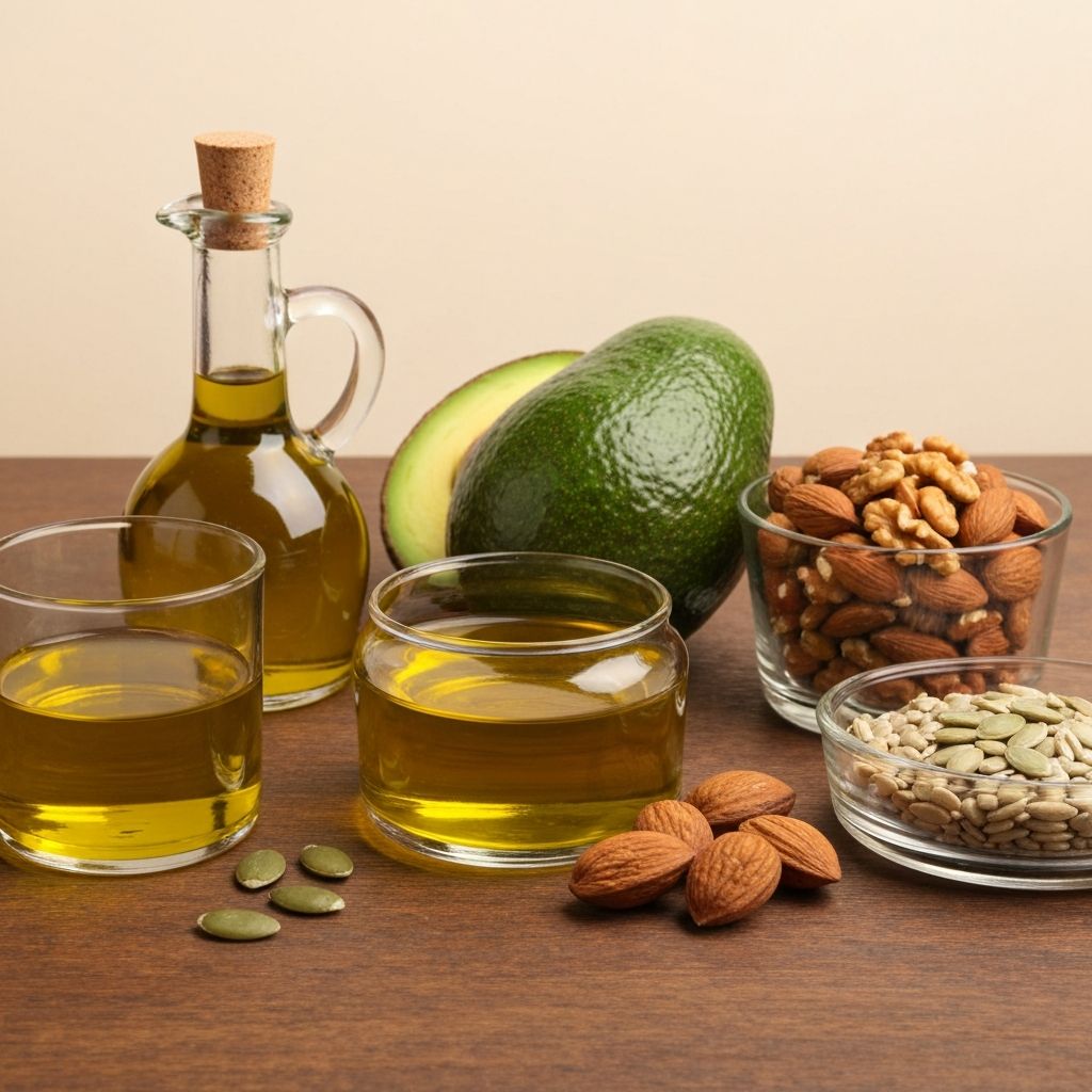 Fettquellen wie Olivenöl, Avocado, Nüsse und Samen in wissenschaftlicher Anordnung