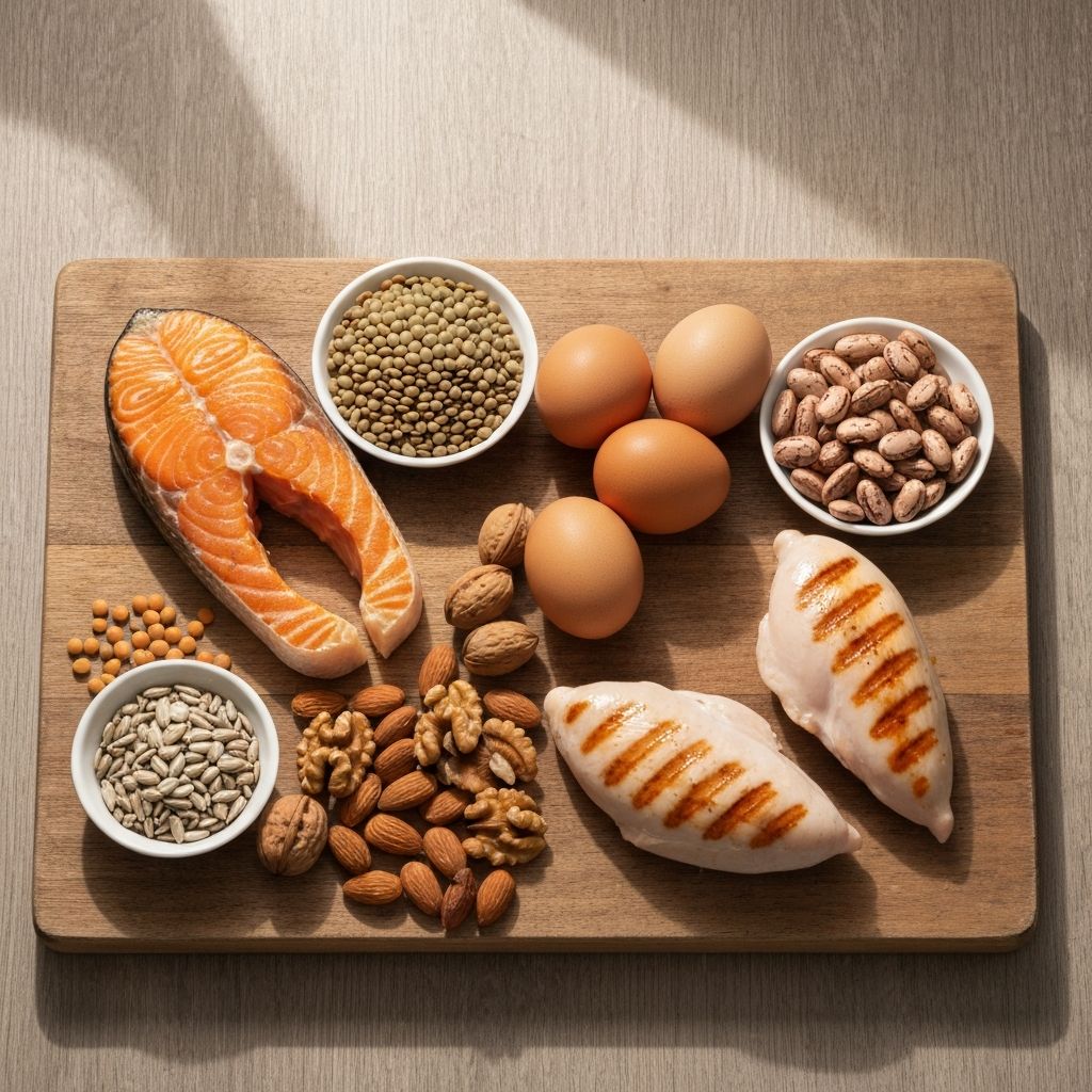 Proteinquellen wie Fisch, Fleisch, Hülsenfrüchte und Nüsse in ansprechender Präsentation